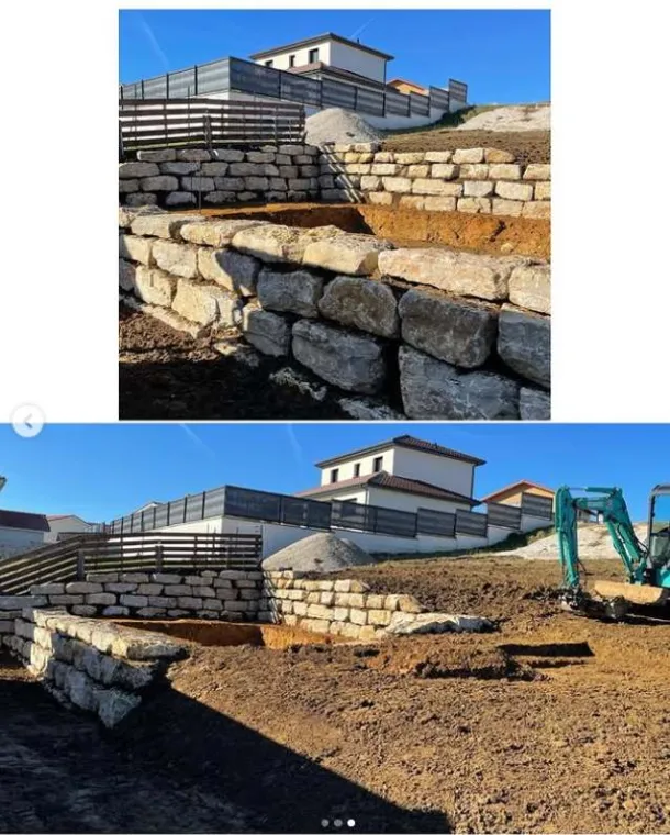 Terrassement de piscine avec enrochement sur trois niveaux à Ambérieu-en-Bugey, Ambérieu-en-Bugey, Slow Concept